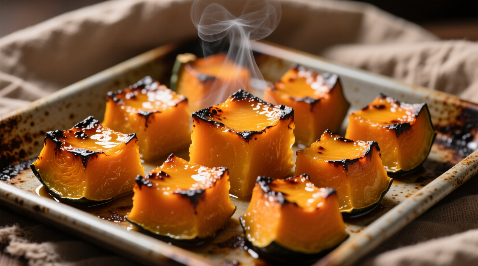 Perfectly roasted custard squash cubes on baking sheet