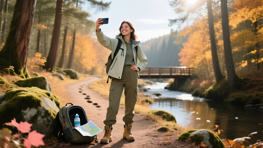 A solo female traveler taking a selfie in the woods on a sunny day