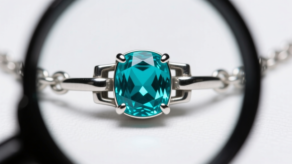 Loupe view of a turquoise crystal necklace clasp, showing heavy-duty sterling silver soldering and a secure bezel setting.