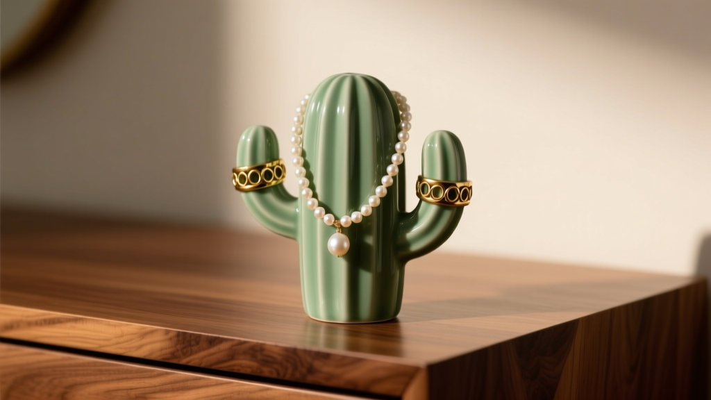 Sage green ceramic cactus jewelry holder with gold rings and a pearl necklace on an oak vanity under warm studio lighting