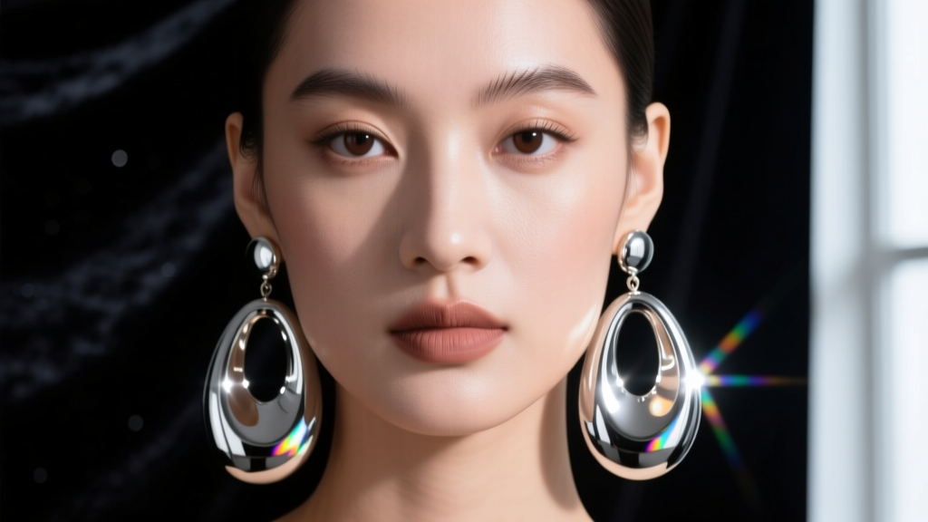 Close-up of a model wearing oversized liquid-metal mirror drop earrings reflecting studio lights against a dark, moody backdrop