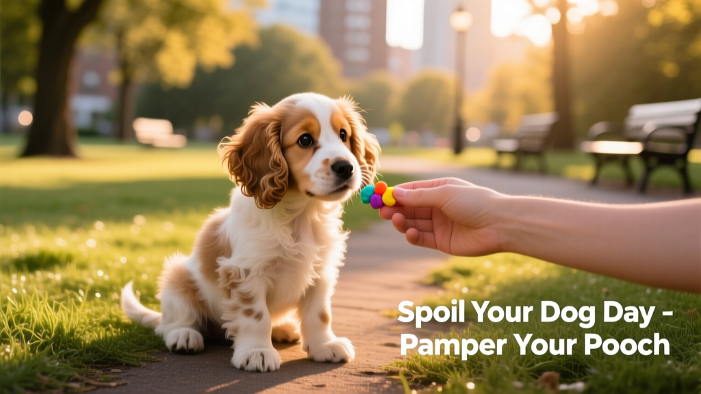spaniel puppy sitting in a park being offered treats