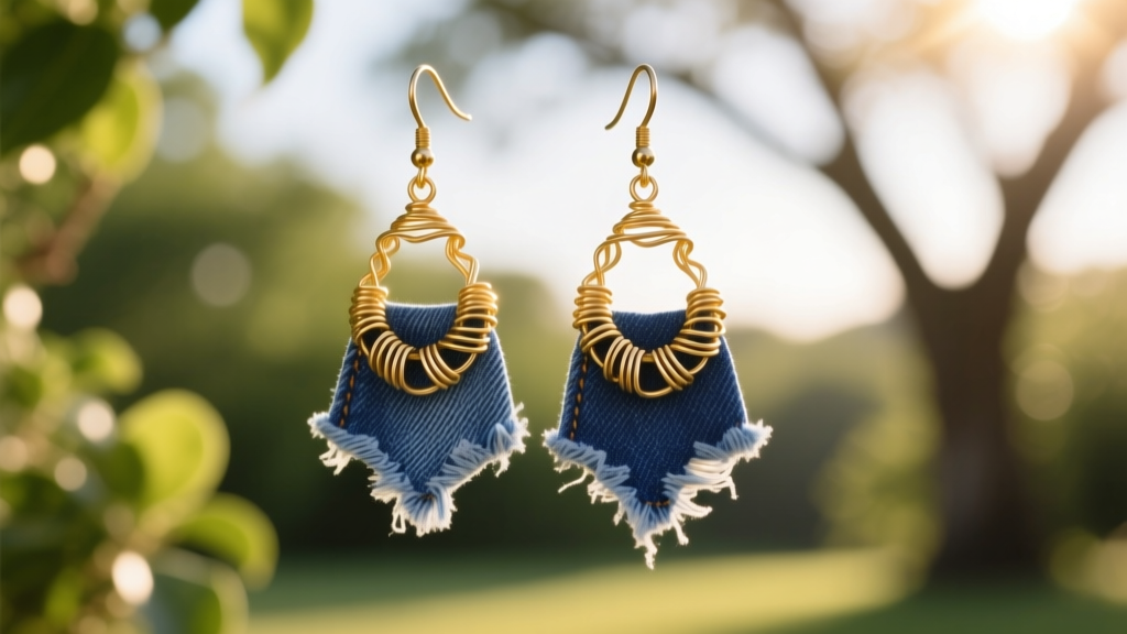 Frayed blue denim dangle earrings with brass wire wrapping, worn in warm golden hour sunlight against a blurred outdoor backdrop.