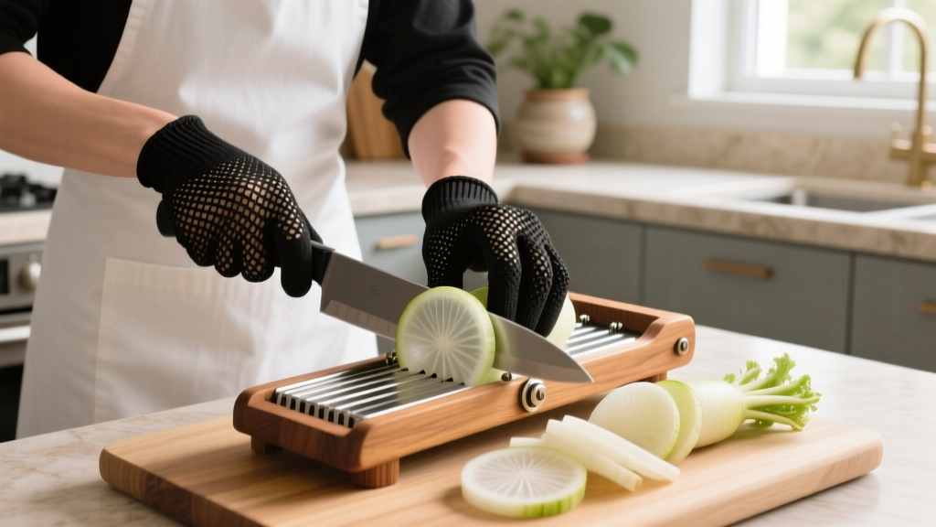 Home cook wearing a black cut-resistant mesh glove safely slicing translucent daikon radish rounds on a wooden Benriner mandoline slicer