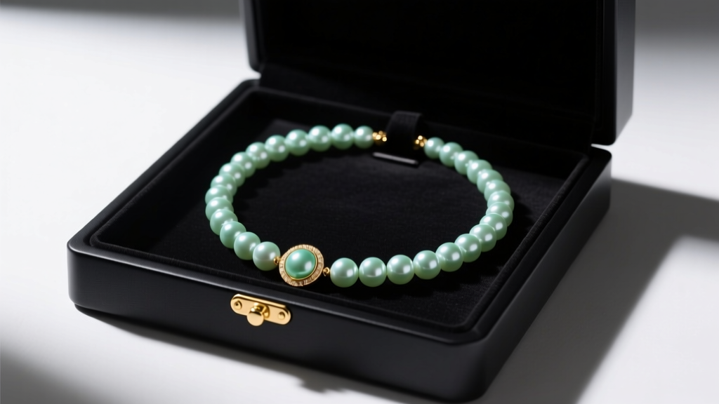 Open matte black jewelry box revealing an 18-inch mint green pearl necklace with a 14k gold clasp, dramatic studio lighting