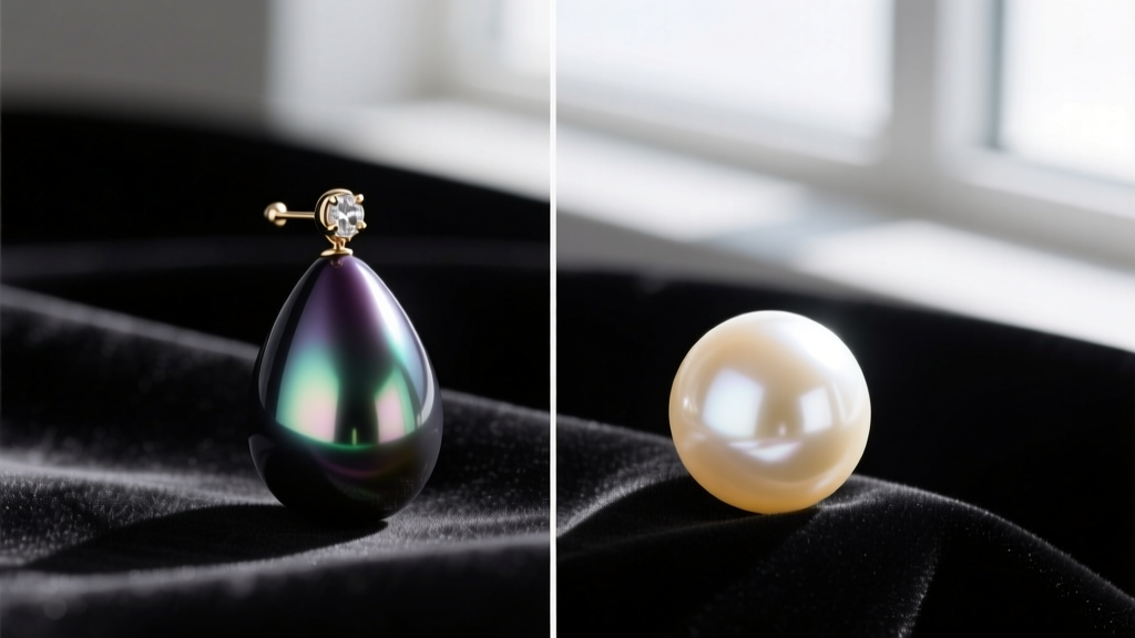 Side-by-side comparison of a dark Tahitian tear drop pearl earring and a creamy Akoya pearl resting on black velvet fabric