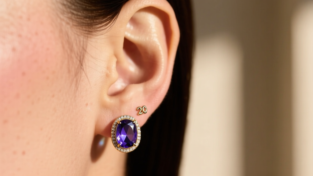 Profile of an ear wearing a 20-gauge charoite huggie hoop with a bezel setting, photographed in warm natural afternoon light.