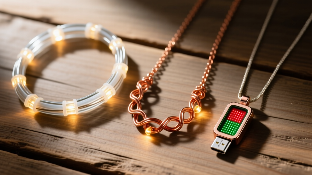 Flat lay of three Christmas light up necklaces on wood, comparing a cheap PVC tube, a copper wire, and a premium USB-C pendant