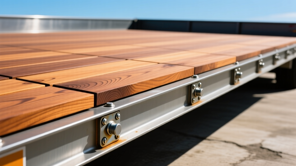 Heavy-duty Apitong hardwood trailer decking planks bolted to a steel flatbed frame with galvanized hardware in bright sunlight