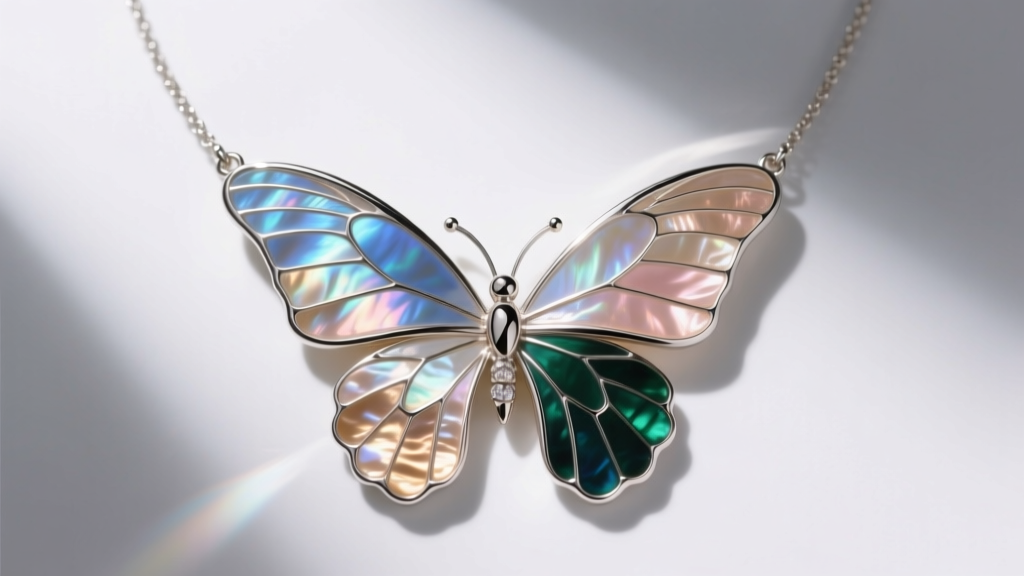 Top-down view of a mother of pearl butterfly necklace in silver, showing iridescent flash under soft directional studio light.