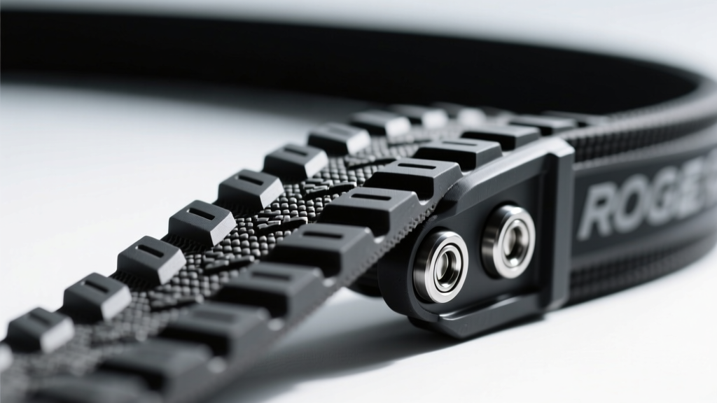 Close-up of the thick rubber slat belt on the Rogue Echo Runner showing the vulcanized rubber tread and steel bearings