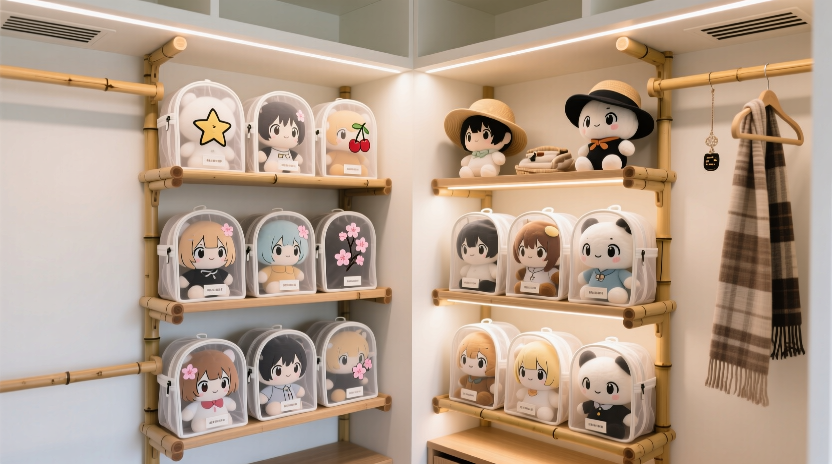 vertical anime plushie storage in closet corners