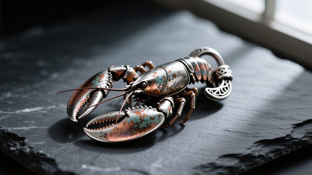 Macro photo of a tarnished sterling silver lobster clasp on dark slate, highlighting oxidation and intricate metalwork details