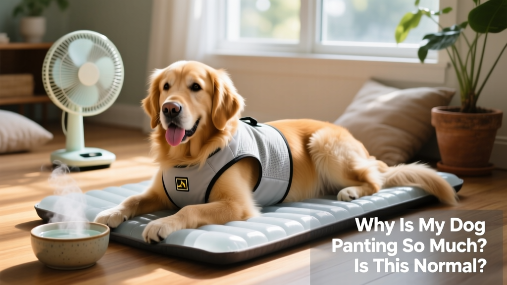 A dog lying on a cooling gel bed wearing a cooling vest, with a bowl of water and a fan nearby