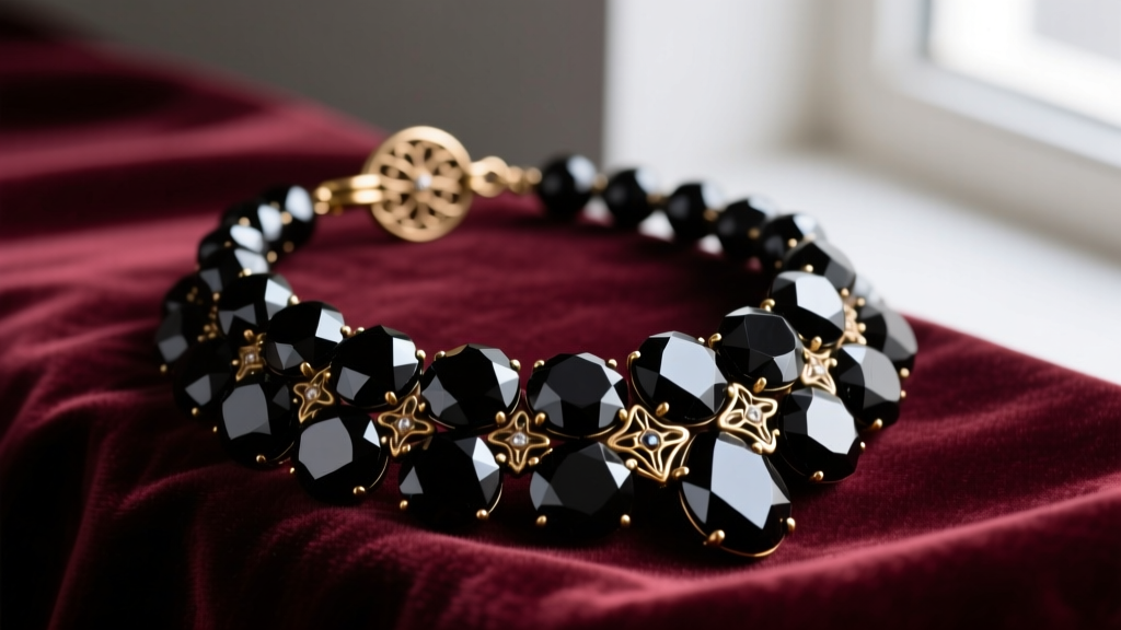 Vintage black crystal necklace resting on dark velvet, highlighting faceted French jet beads and an ornate brass clasp.