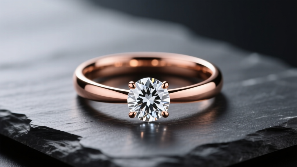 Polished 14K rose gold engagement ring with a round brilliant diamond resting on dark slate under soft directional lighting.