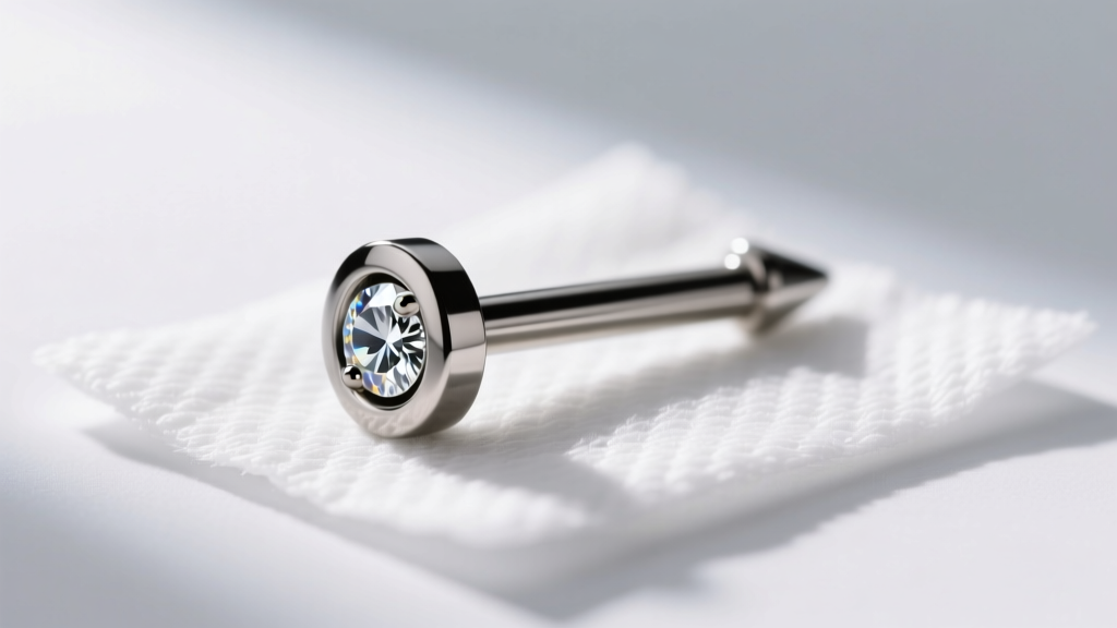 Macro shot of implant grade titanium flat back labret post with polished bezel diamond end resting on a sterile white gauze pad.
