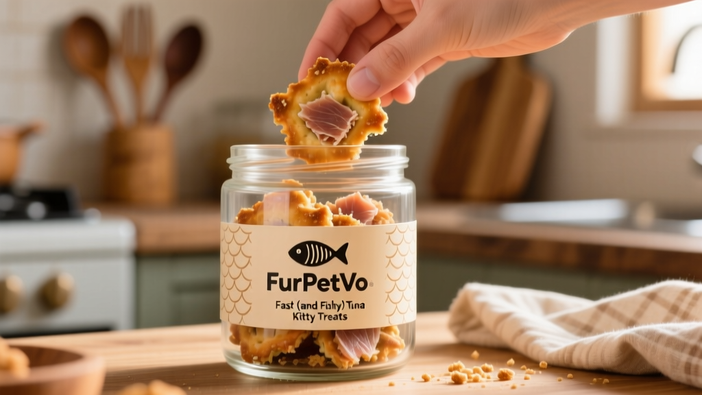 Hand placing freshly baked tuna treats into a glass storage jar with FurPetVo logo visible on label