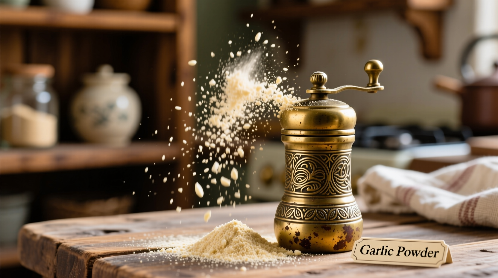 Close-up of garlic powder in a spice shaker