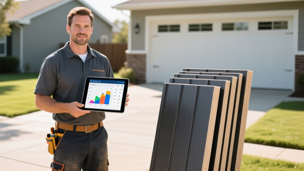 Contractor holding a digital tablet showing a material calculator next to stacked insulated vinyl siding panels on a driveway.