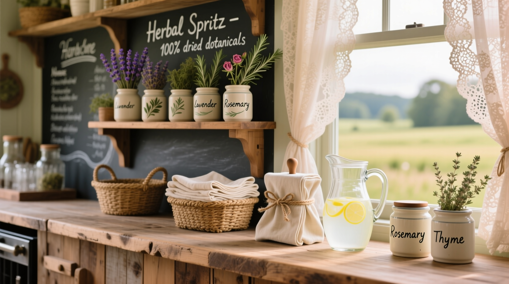 how to style a cottagecore home bar with dried herb garnish jars and linen napkin dispensers