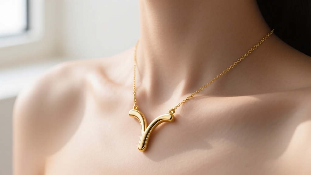 A 14k yellow gold wishbone necklace resting on a collarbone, soft lighting highlighting the polished V-shape pendant