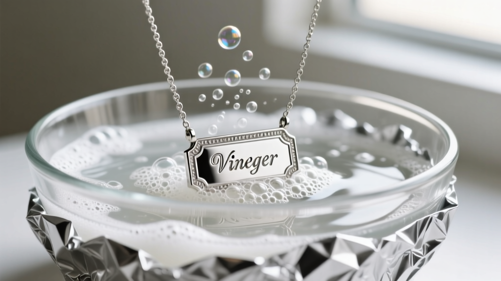 Macro shot of a silver nameplate necklace submerged in a glass bowl of bubbling baking soda solution with aluminum foil lining