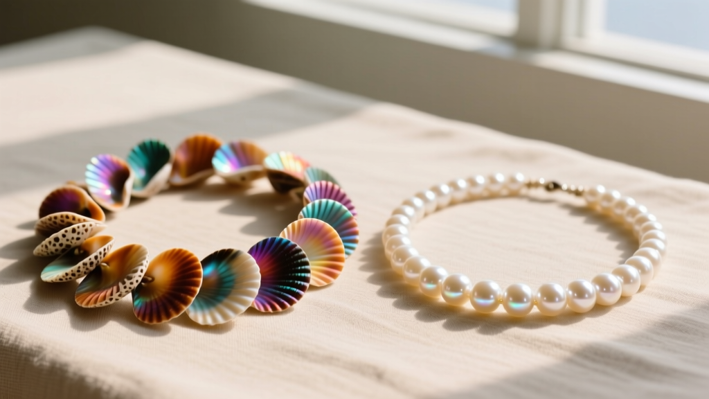 Comparison of a dyed puka shell lei and a gem-grade freshwater pearl lei, highlighting differences in luster and surface texture