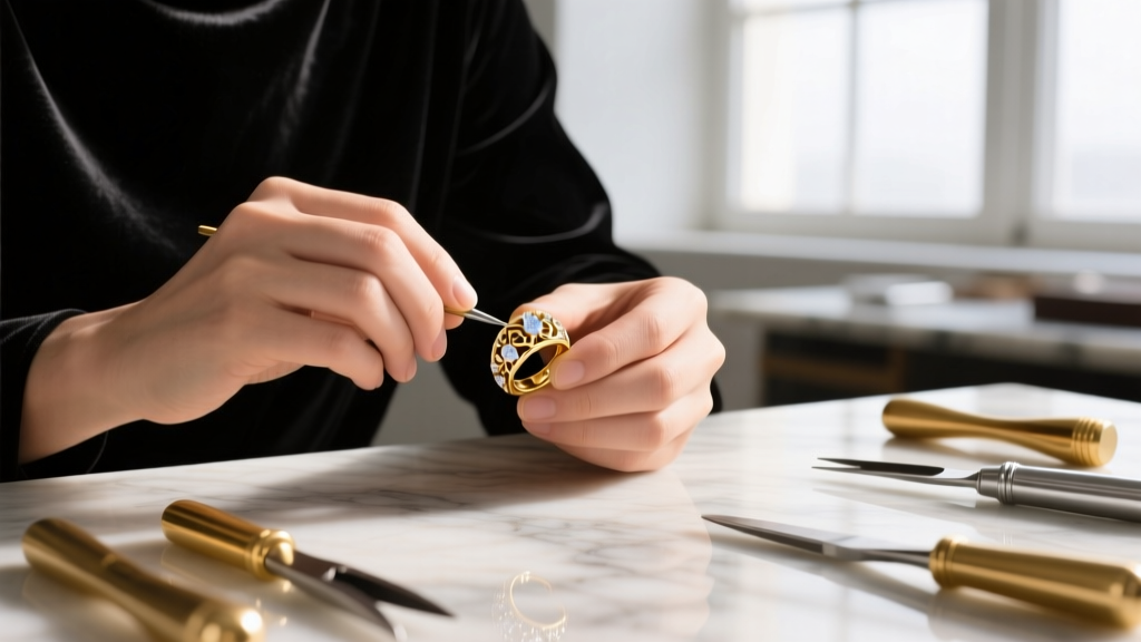 Jeweler's loupe examining the hallmark stamp on a heavy sterling silver lobster clasp attached to a beaded yellow jasper necklace