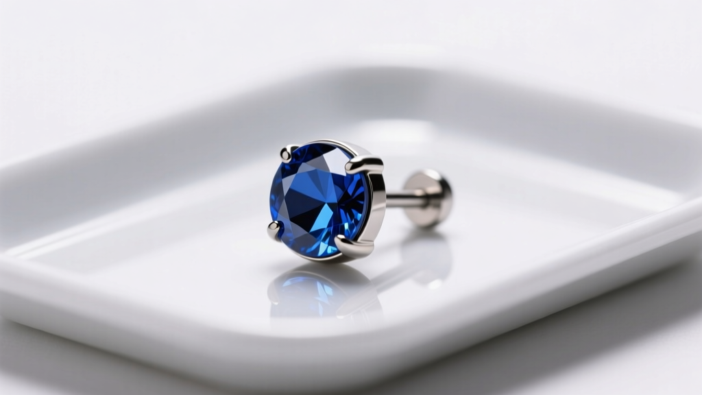 Macro photo of an 18-gauge titanium flat-back labret earring with a sapphire, resting on a sterile tray, bright studio lighting