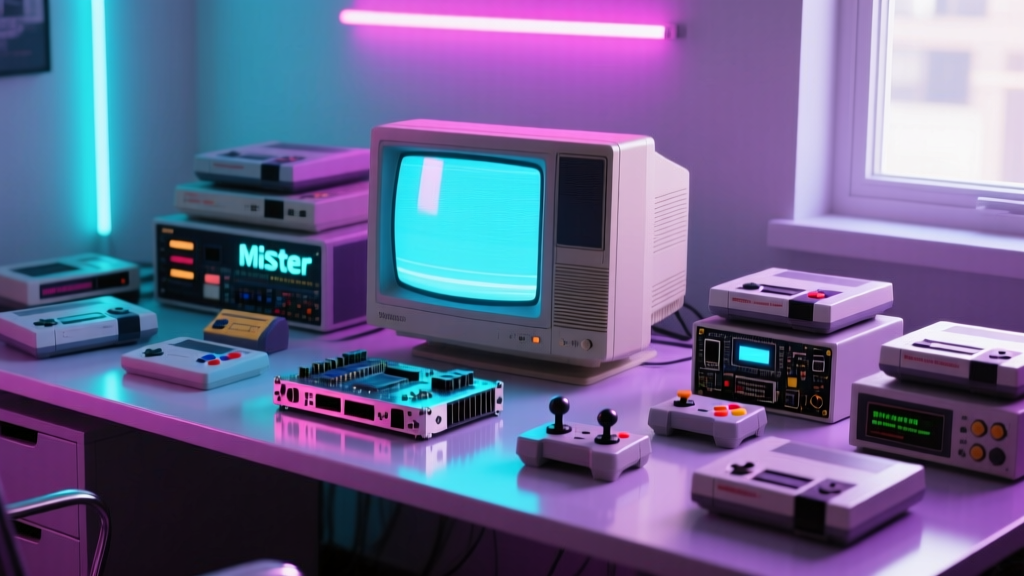 Organized retro gaming desk with MiSTer FPGA, Trinitron CRT monitor, and vintage game gizmos and gadgets bathed in neon light.