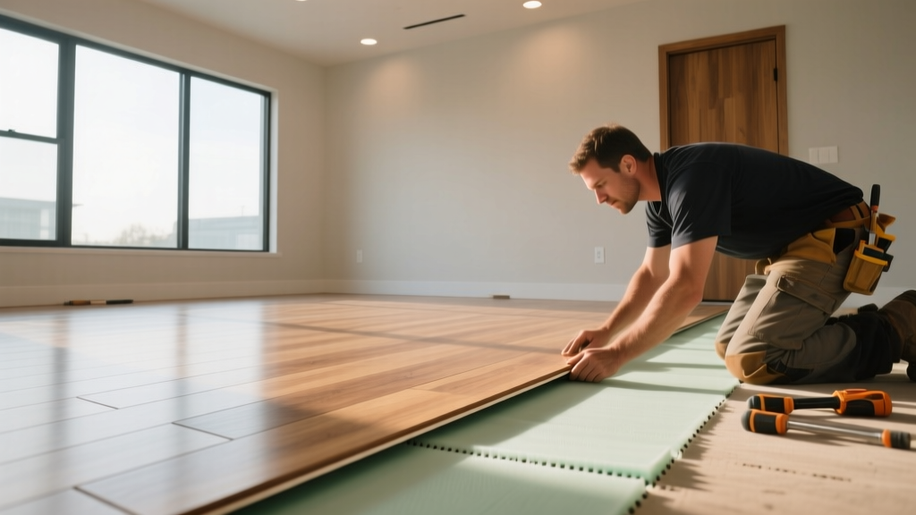 Contractor installing click-lock laminate wood flooring with a micro-bevel edge over foam underlayment in a sunlit room