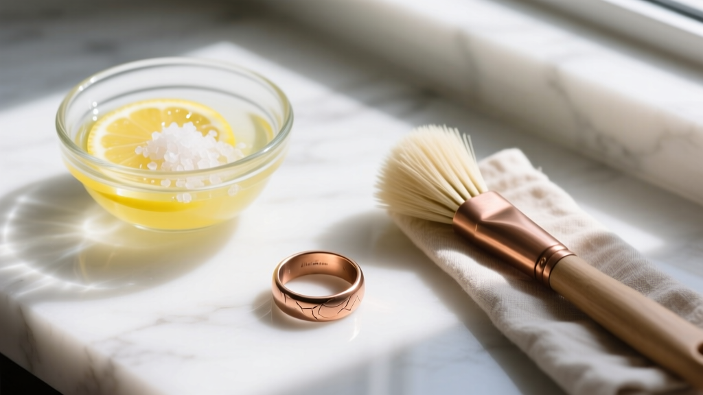 Overhead view of copper jewelry cleaning setup with a glass bowl of lemon juice and salt, a soft brush, and a raw brass ring
