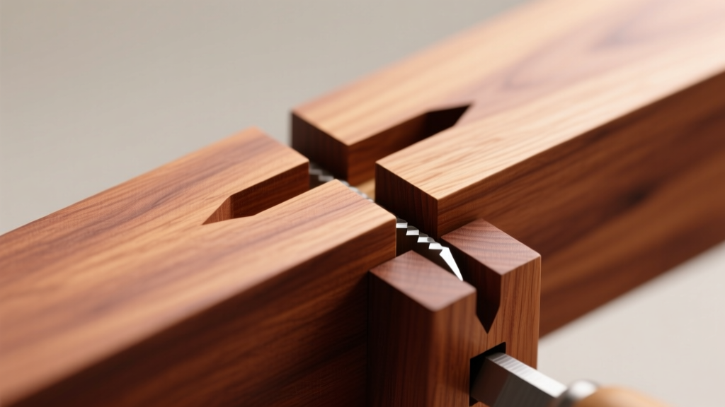 Macro photography of precision-cut half-blind dovetail joints on a cherry wood drawer, showing tight gaps and clean chisel marks.