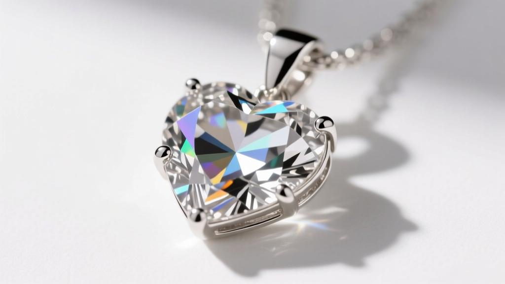 Macro photo showing the prong settings and faceted glass crystals on a silver-tone Lia Sophia heart pendant under bright light