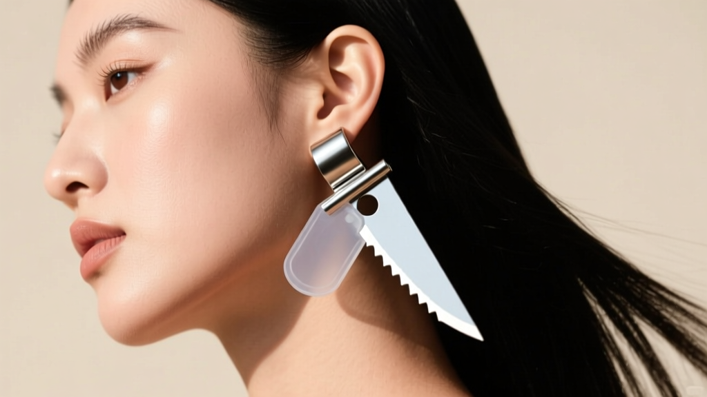 Side profile of a lobe wearing a heavy novelty blade earring, showing a clear silicone support patch preventing downward sag.