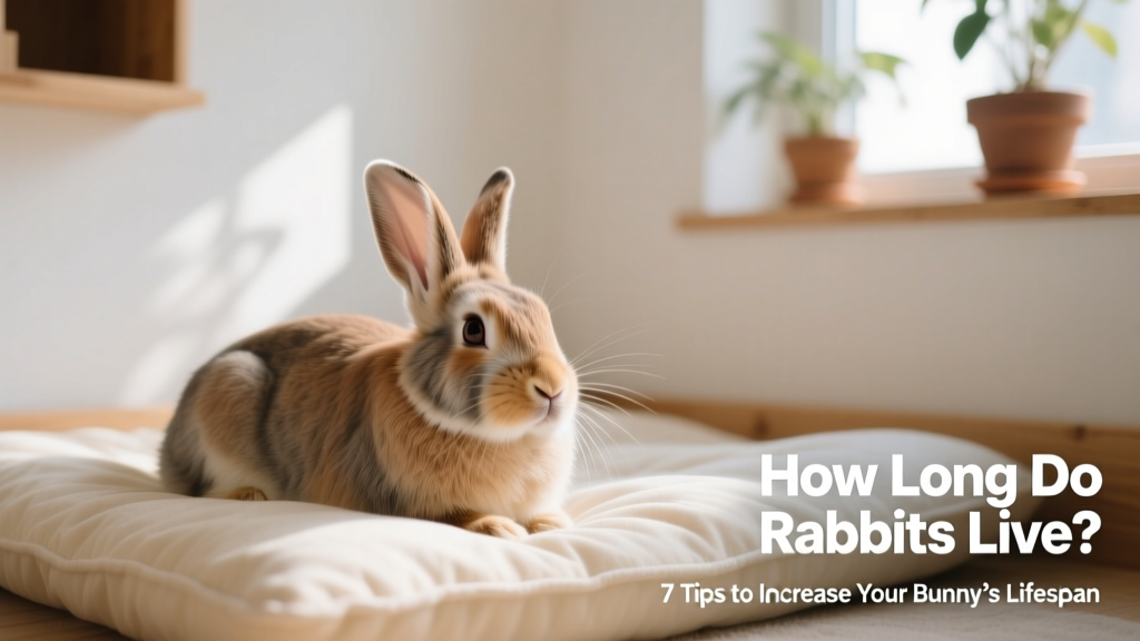 A calm, well-groomed domestic rabbit resting on soft bedding in a spacious, clean enclosure