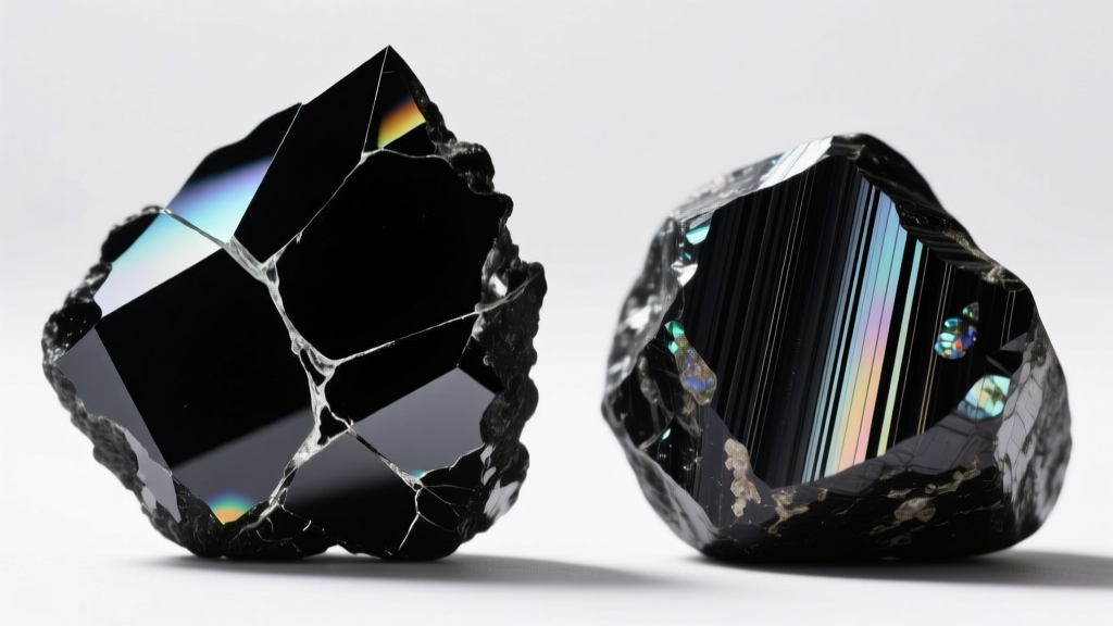 Macro shot comparing the glassy fracture of black obsidian with the striated, matte texture of raw black tourmaline stones