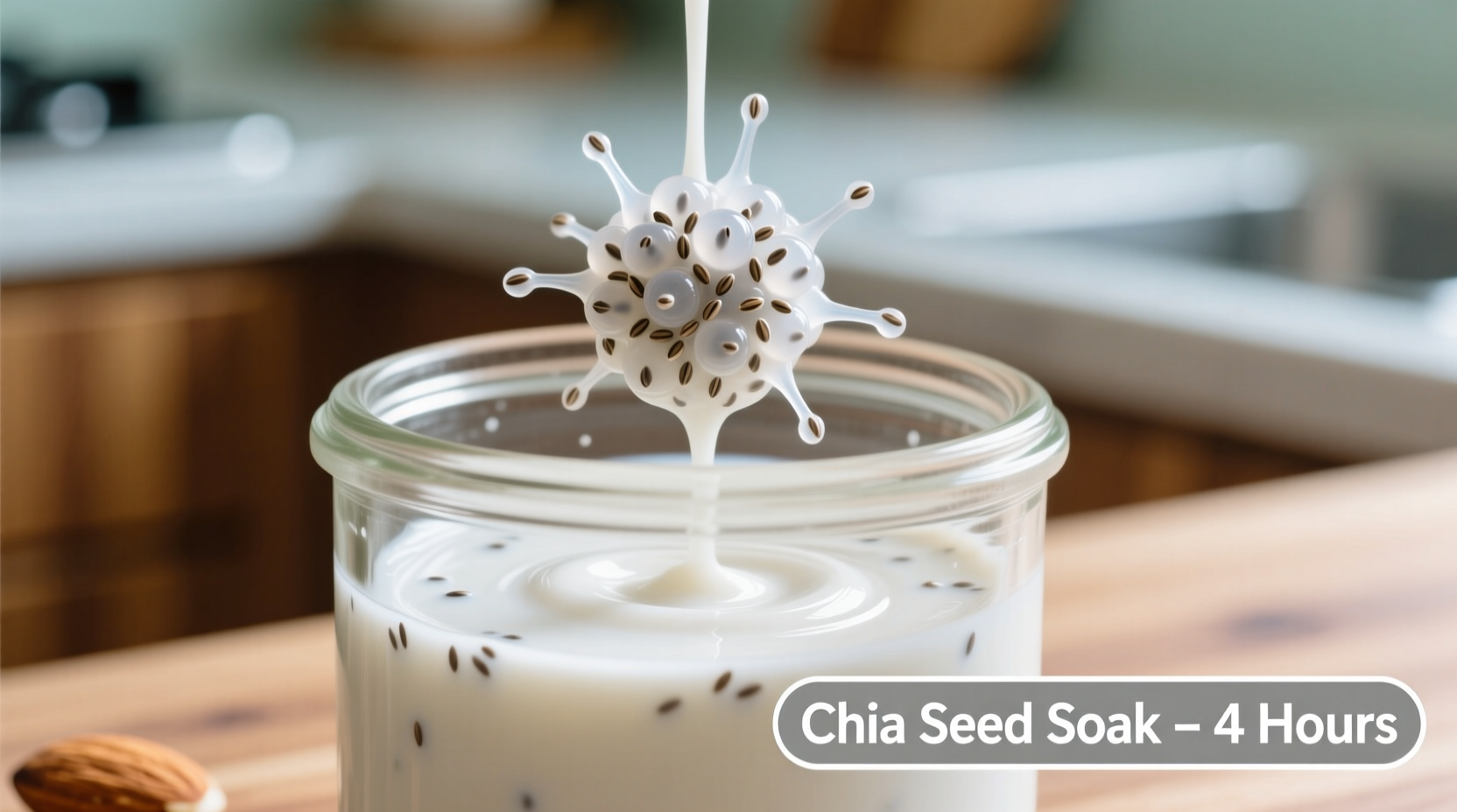 White chia seeds soaking in almond milk