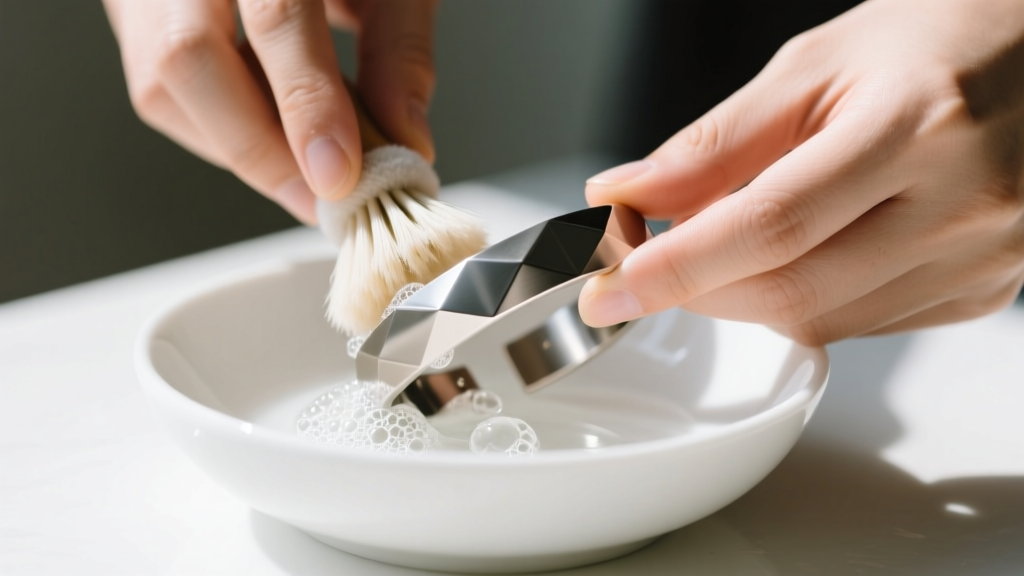 Hands scrubbing a matte titanium cuff bracelet with a soft nylon brush and mild soapy water in a bright white ceramic bowl.