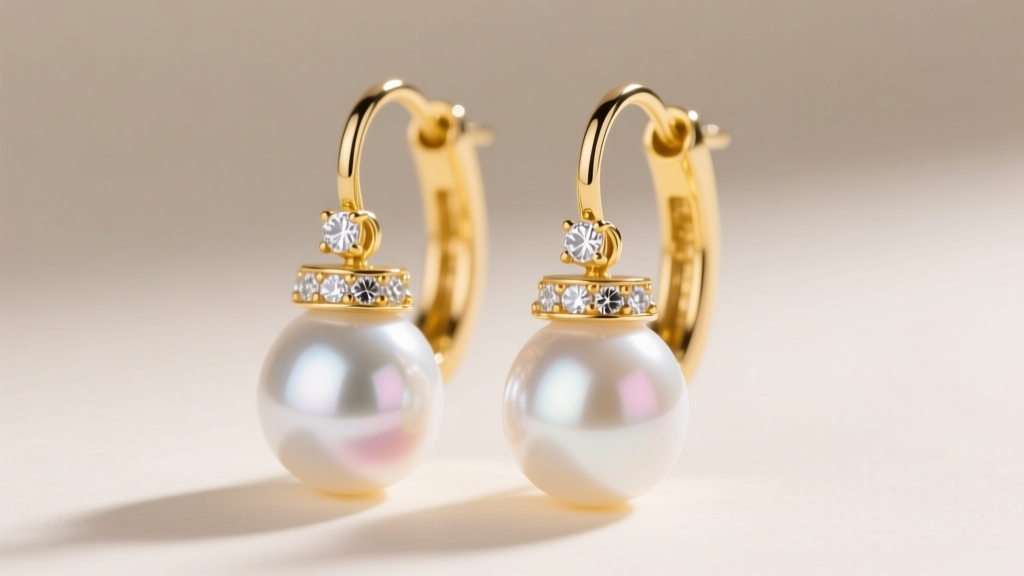 Elegant 18k yellow gold leverback earrings with 10mm white South Sea pearls dangling below diamond caps, soft studio lighting.