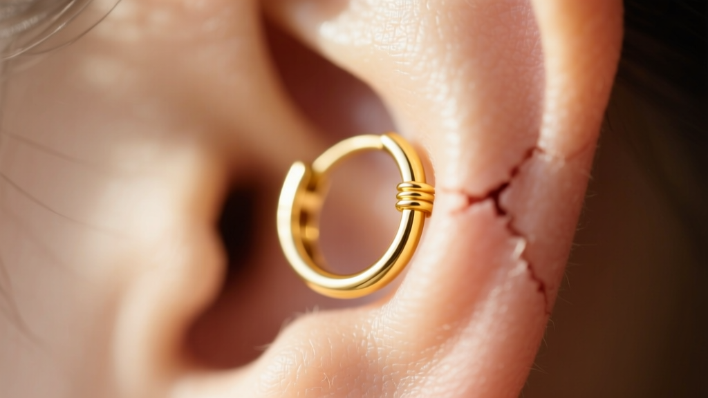 Macro shot of a 14k yellow gold earring loop in a healed earlobe, highlighting the seamless wire joint and warm reflective lighting.