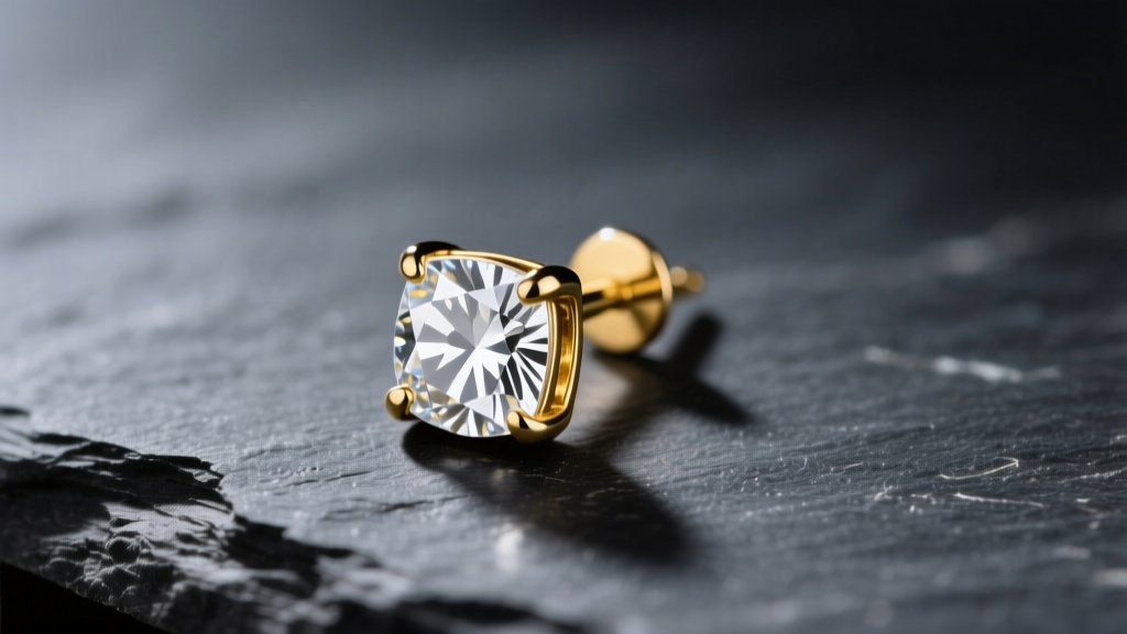Macro shot of a 6mm bezel-set cubic zirconia stud earring in 14k yellow gold resting on dark slate with soft directional shadows
