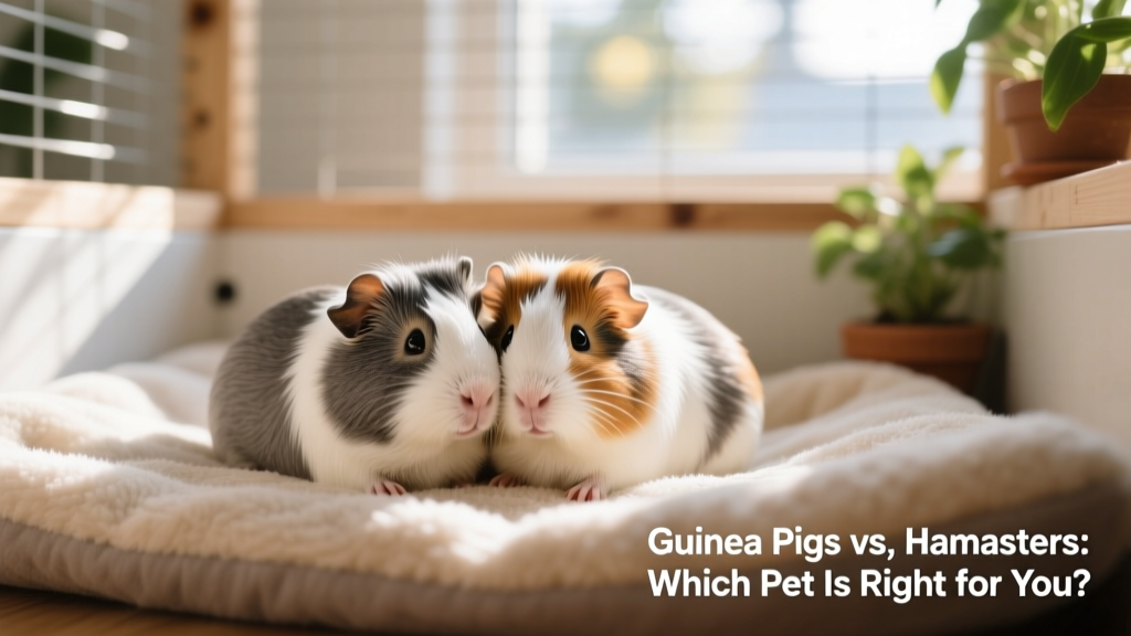 A pair of guinea pigs snuggling on soft fleece bedding in a spacious, well-lit enclosure