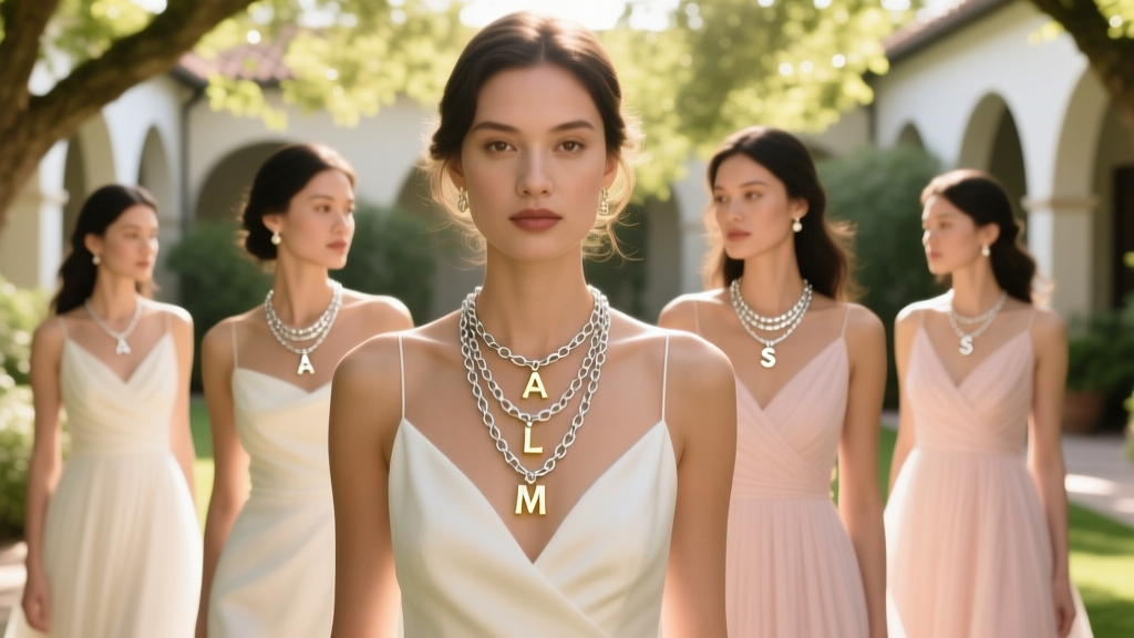Bridesmaids wearing sterling silver necklace packs with staggered lengths and initial pendants in soft warm lighting.