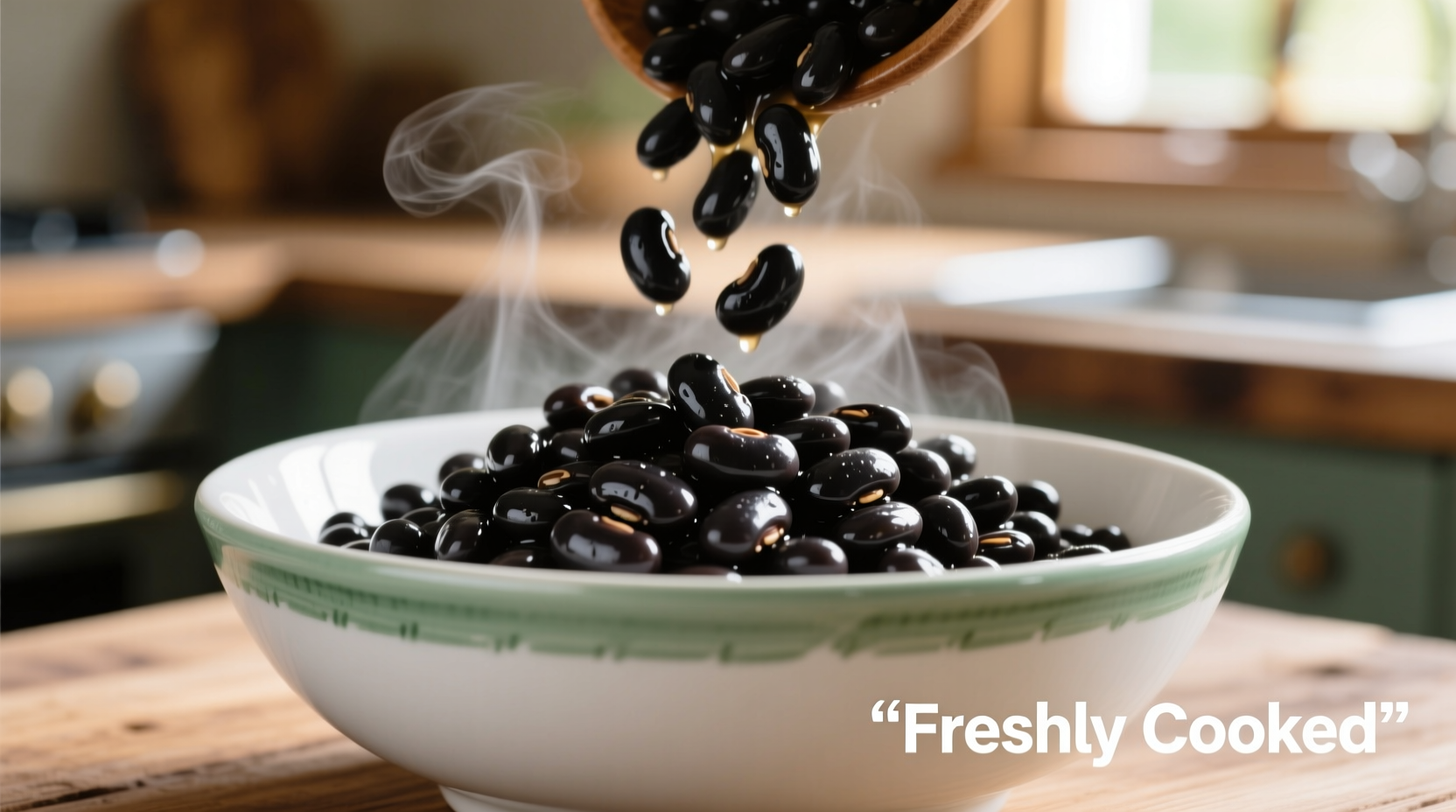 Freshly cooked black beans in a white ceramic bowl