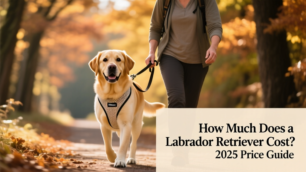 A Labrador Retriever wearing a comfortable harness, walking beside its owner on a tree-lined path