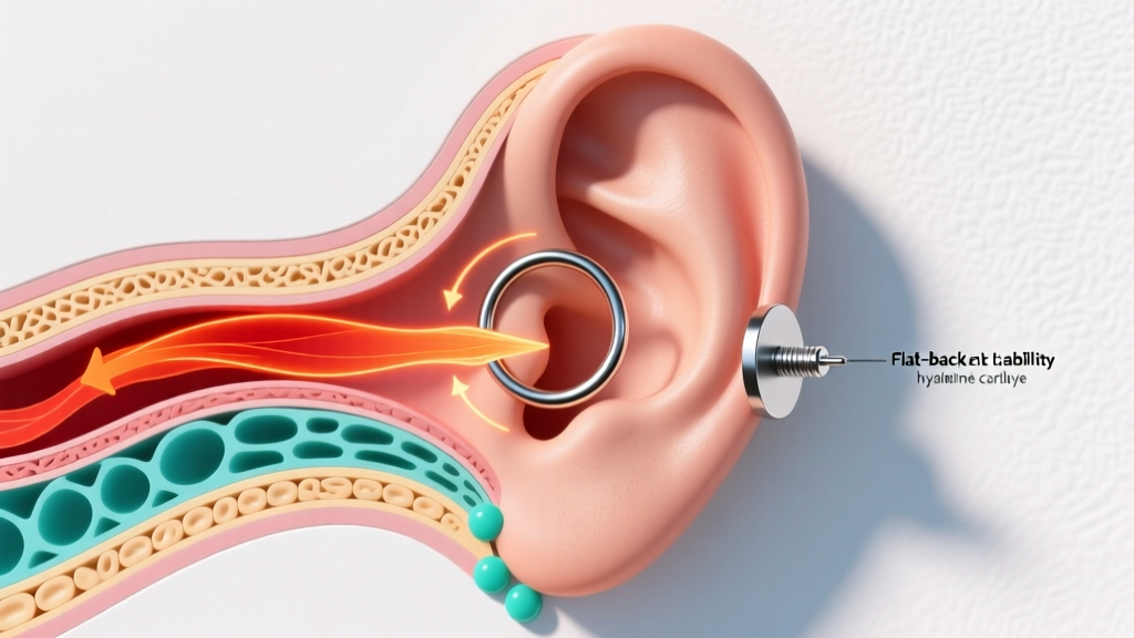 Diagram comparing hoop rotational friction versus flat-back labret stability in upper ear helix cartilage tissue layers