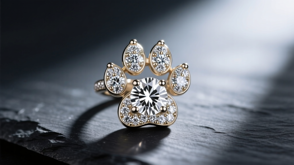 Macro shot of a 14k white gold diamond paw print pendant on dark slate, highlighting micro-pavé toe pads and a brilliant main pad.