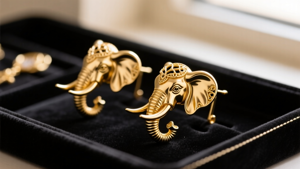 Macro photo of vintage Wendy Gell sculptural gold-plated elephant clip-on earrings resting on a dark velvet jewelry display tray